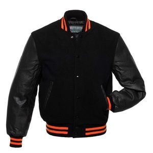 BLACK Wool & LEATHER Varsity Letterman Bomber